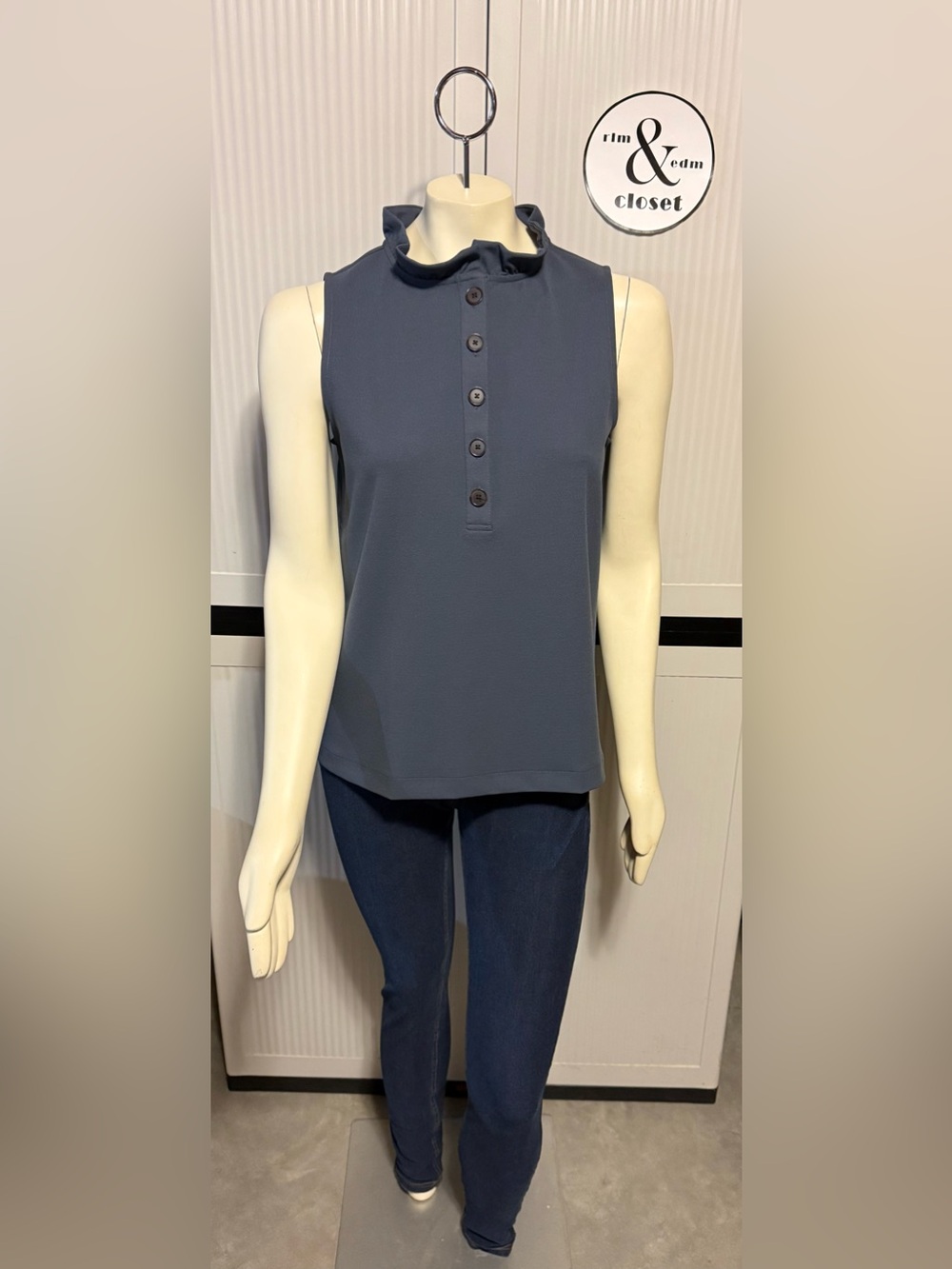 Ann Taylor Sleeveless Ruffle Neck Button Top -Slate Blue